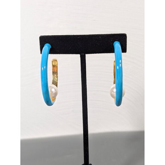 Turquoise Blue Enamel Hoop Earrings Faux Pearl Signed Kenneth Lane - Picture 3 of 10